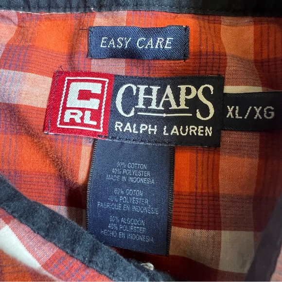 Chaps Ralph Lauren Button Shirt Easy Care Short Sleeves Orange Plaid Men Size XL - Picture 5 of 7